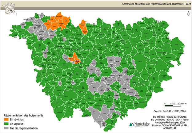 carte départementale des communes dotées d'une réglementation boisement