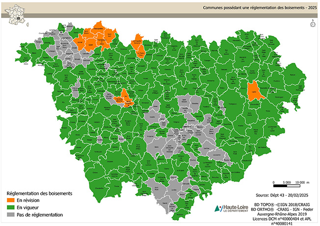 carte départementale des communes dotées d'une réglementation boisement